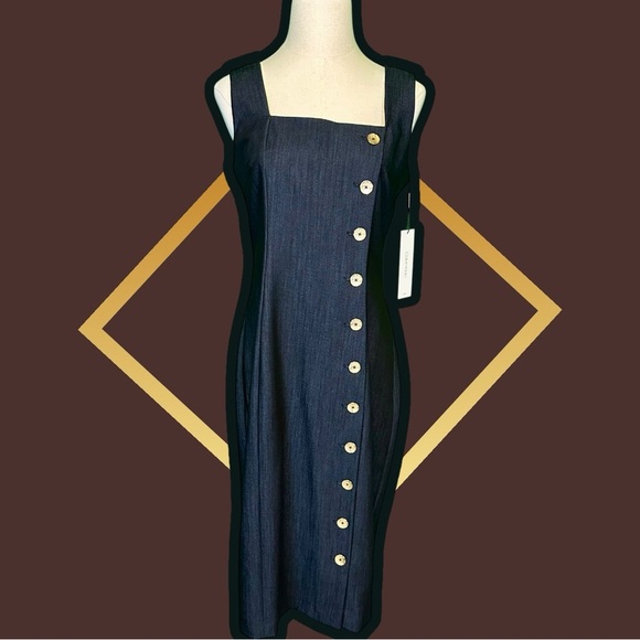 NWT Calvin Klein Navy Blue Chambray Asymmetric Gold Button Up Sheath Dress Sz 4 - Picture 3 of 16
